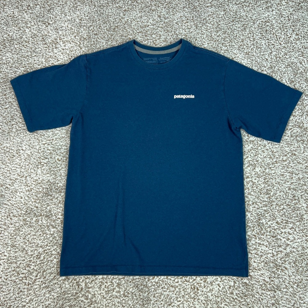Patagonia Shirt Mens Medium Blue P6 Responsibili Tee Logo Hiking Outdoors Gorp